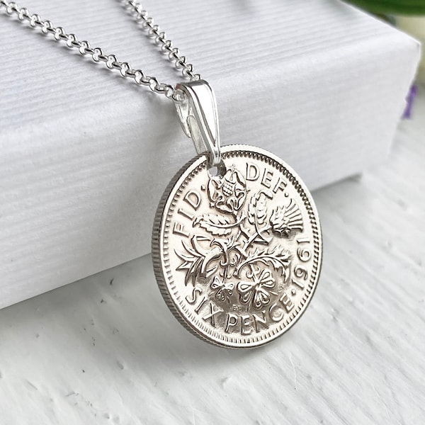 60th Birthday Gift, 1964 Sixpence Coin Necklace, British Sixpence Pendant Necklace, Silver Gifts for Women