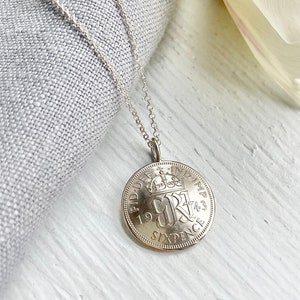 80th British Sixpence Domed Pendant, 1944 Coin, Sterling Silver Chain Gift for Her Free Gift Box image 3