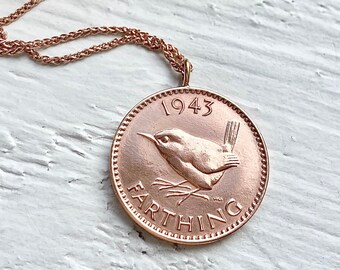 80th Birthday Gift for Women- 1943 British Wren Farthing Necklace - Solid Rose Gold Chain