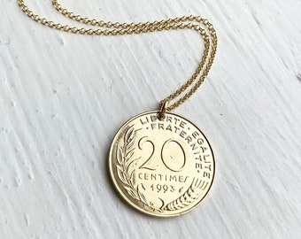1993 French Gold Coin Necklace, 30th Birthday or 30th Anniversary Gift, Gold Charm Jewellery, French Vintage Gift for Women