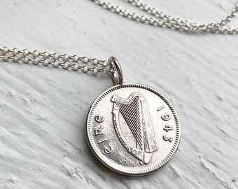 80th Birthday Irish Coin Necklace, 1943 Real Eire Coin Gift for Women, Hare, Rabbit, Harp Birthstone Necklace Sterling Silver