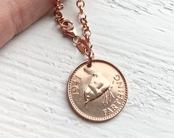 80th Birthday Gift for Women - 1943 Rose Gold Bracelet - 80th British Farthing Coin Jewellery, Bronze Anniversary Gift