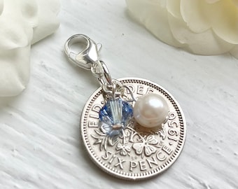Something Old New Borrowed Blue Sterling Silver Bridal Charm, Bridal Shower Gift, Silver Sixpence Bouquet Charm for Bride