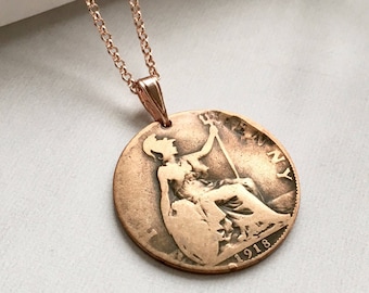 Bronze 8th Anniversary Gift Boxed Necklace, Gift for Wife, Bronze Coin Necklace, Rare Coin, Penny Necklace