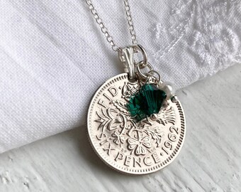 60th Birthday Gift, 1963 Sixpence Necklace with Emerald May Birthstone, 60th Vintage Gift for Her