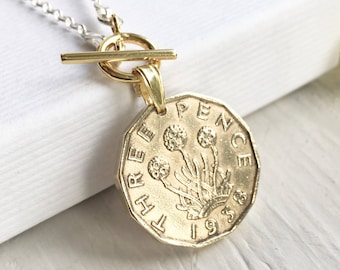 85th Birthday Gift, 1938 British Coin Necklace, Gold Coin Jewelry, Toggle Clasp Pendant