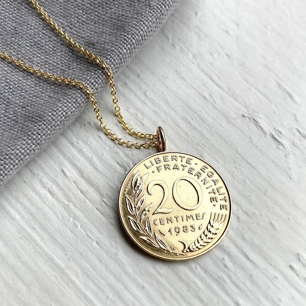 40th Birthday 1984 French Coin Necklace, 40th Birthday Jewellery, Solid Gold Chain Necklace, Gift for Mum, Sister, Wife