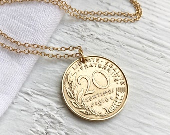 French Gold Coin Necklace, Real Vintage French Coin, Anniversary or Birthday Gift for Women, Choose the Year