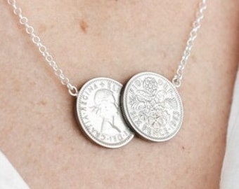 Double 2 Coin Sixpence Necklace, Queen Elizabeth II Sixpence Celeb Necklace with Sterling Silver