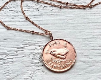 80th Birthday Farthing Necklace, 1944 Bronze Wren Coin and Rose Gold Filled Saturn Chain Necklace- Gift Box