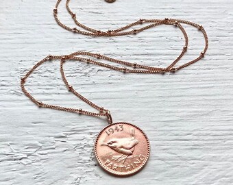 80th Birthday Farthing Necklace, 1943 Bronze Wren Coin and Rose Gold Filled Saturn Chain Necklace