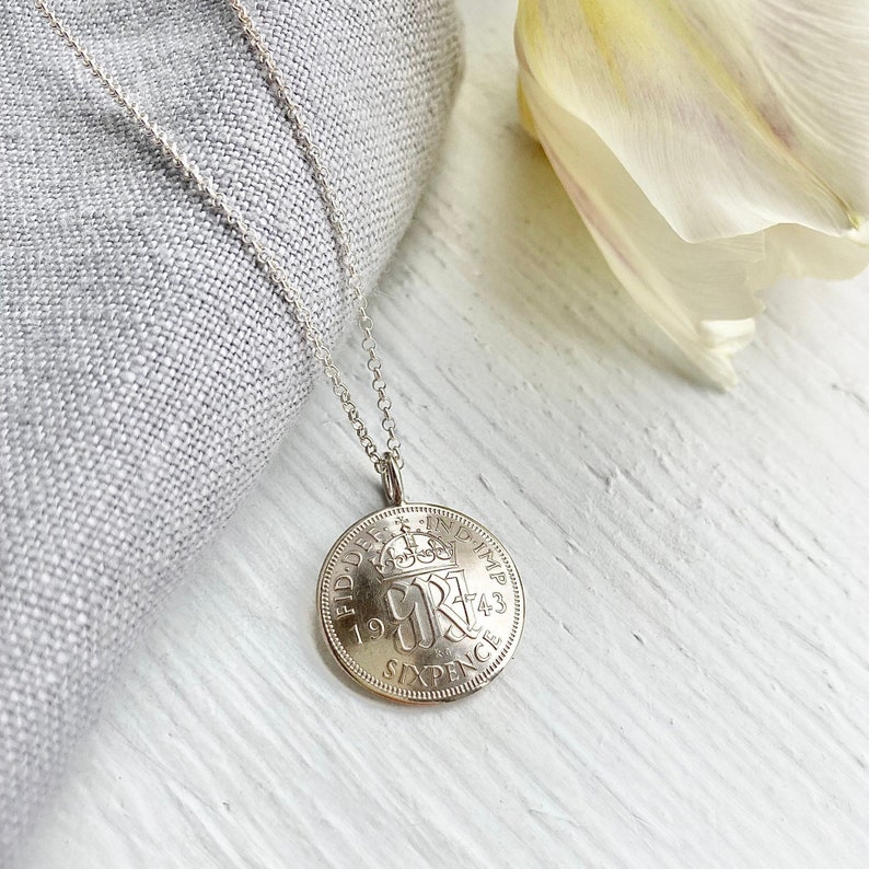 80th British Sixpence Domed Pendant, 1944 Coin, Sterling Silver Chain Gift for Her Free Gift Box image 3