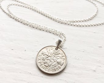 Queen Elizabeth Gift for Women, Coin Pendant, Anniversary Present, Lucky Sixpence Jewelry, Dainty Necklace, Long Chain