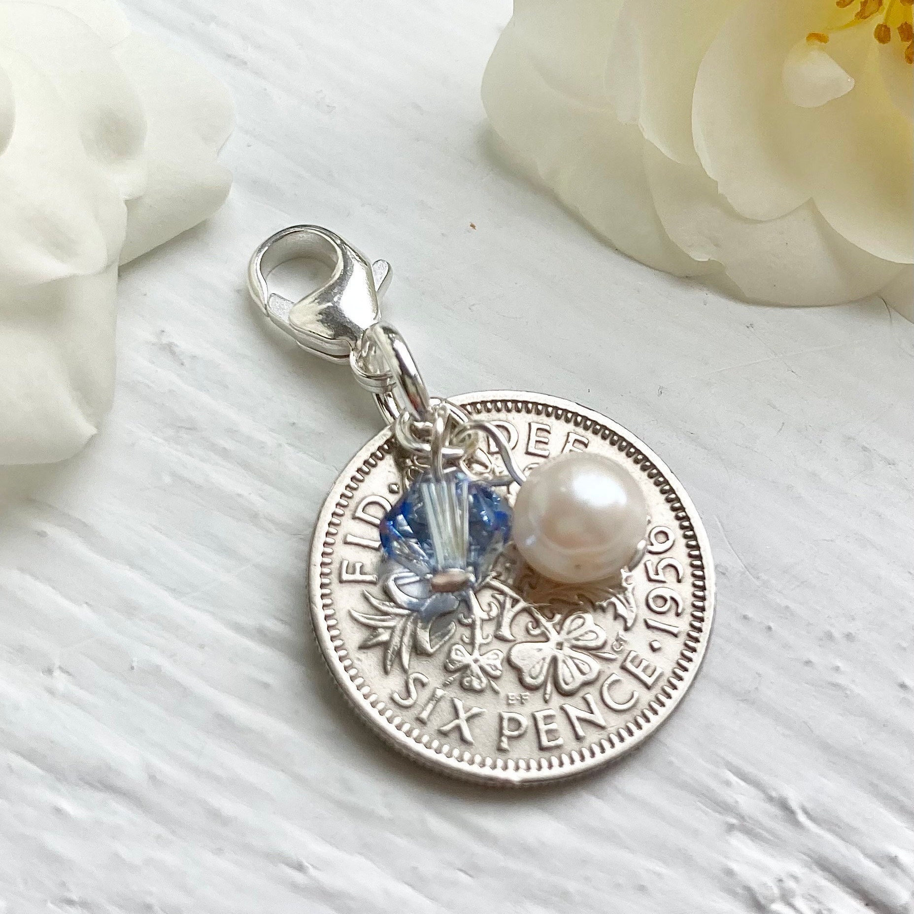 Sixpence Bridal Charm: Pearl, Sapphire Wedding Gift for Garter or…