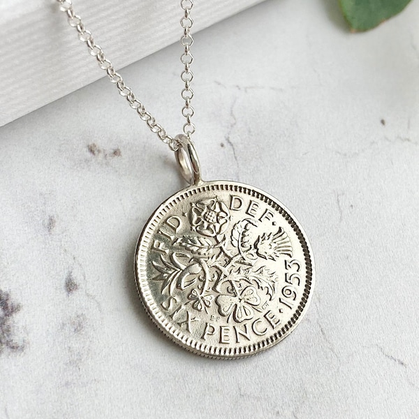 1954 British Sixpence Coin Necklace, 70th Birthday Pendant, Lucky Sixpence Jewellery