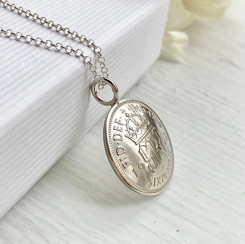 80th British Sixpence Domed Pendant, 1944 Coin, Sterling Silver Chain Gift for Her Free Gift Box image 5