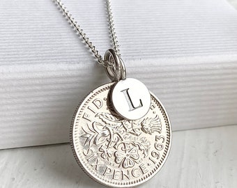 60th Birthday Sixpence Necklace, 1963 Coin Pendant, Sterling Silver Initial Necklace