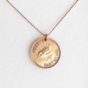 Wren Coin Necklace: 1946-48 Bronze Farthing, Rose Gold Chain