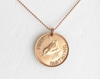 Wren Coin Necklace, 1946 1947 1948 Farthing, Rose Gold Necklace For Her, Gift for Bird Lover/Mom/Best Friend, Boho Jewelry