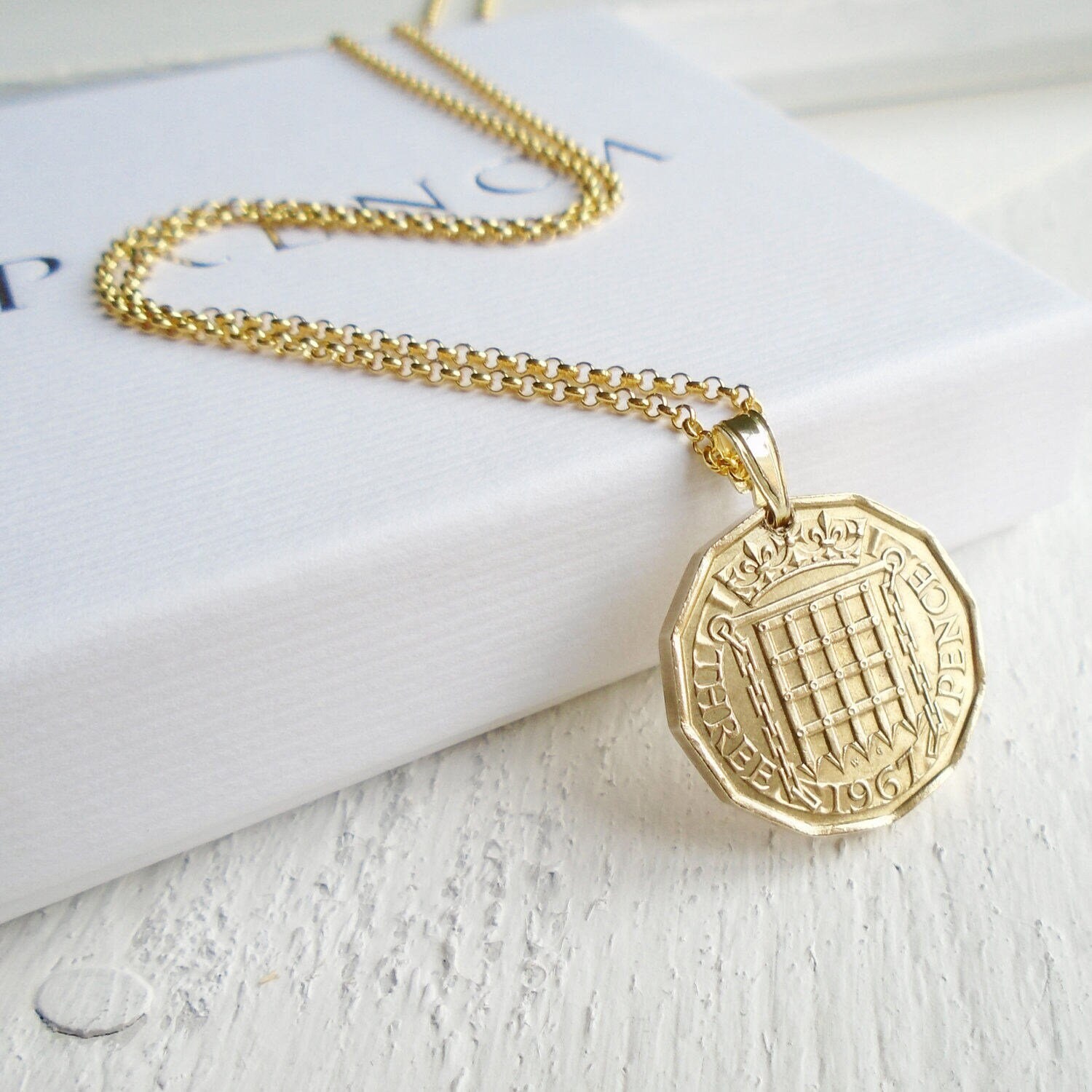 British Coin Necklace, Birthday Gift for Women,  Three Pence Pendant, British Monarchy Gift - Gold Vermeil Chain