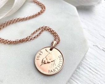 1943 British Wren Farthing- 80th Gift - Rose Gold Chain