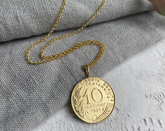 1993 French Coin Necklace, 30th Gift for Best Friend, Gold Pendant Necklace with Real Coin