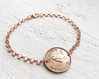 Penny Farthing Coin Bracelet, Gift for Women, Best Friend Gift, Boho Coin Bracelet, Wren Bird, Birthday Ideas, Mom Gift