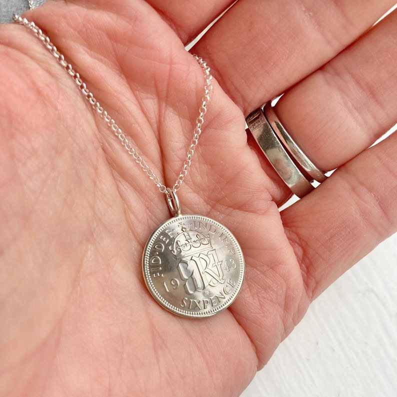 80th British Sixpence Domed Pendant, 1944 Coin, Sterling Silver Chain Gift for Her Free Gift Box image 7