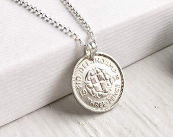 85th Birthday Silver Coin Necklace, Dainty Rose Pendant, British 1938 Vintage Coin UK