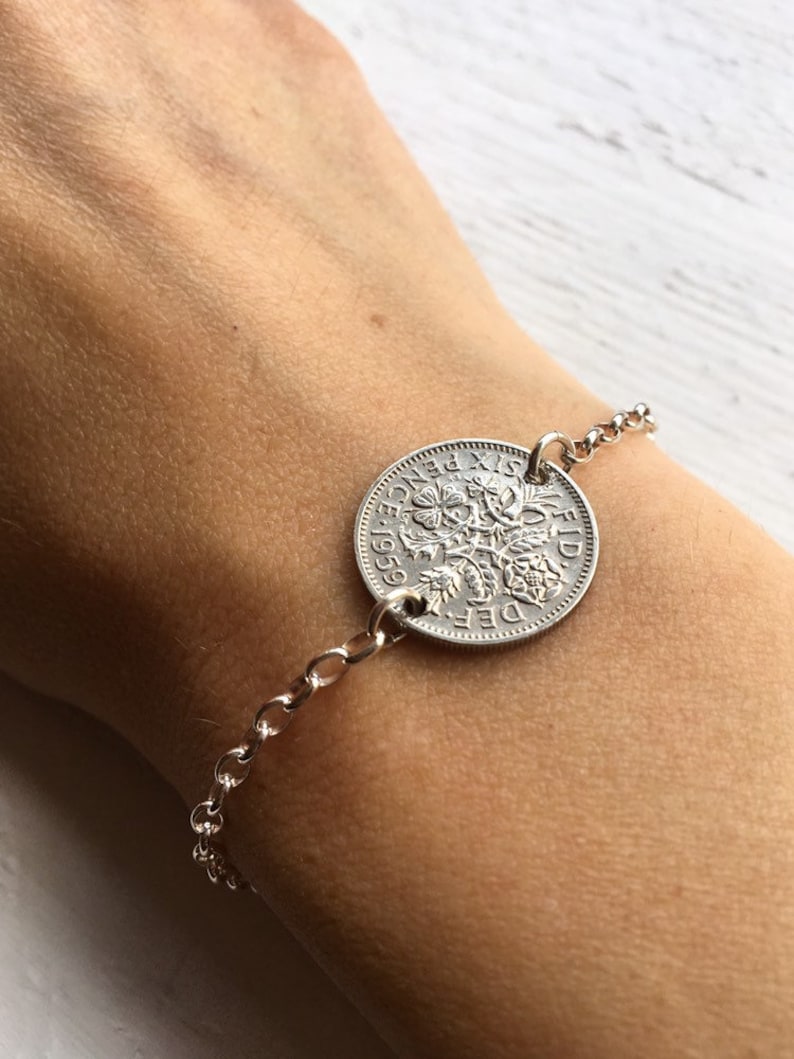 Lucky Sixpence Bracelet Coin Jewelry Wedding Anniversary Gift for Mother 1953-1967 Silver Coin Charm Wife