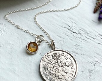 1953 Sixpence Coin Necklace, 70th Birthday Pendant, November Topaz Birthstone with UK Coin