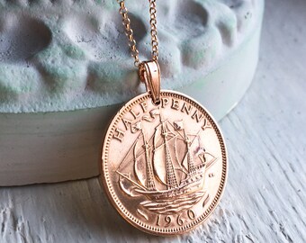 Bronze Rose Gold British Ship Coin Necklace. Real British coin with Rose Gold