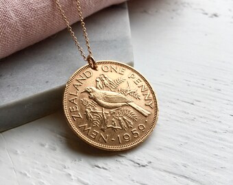Lucky New Zealand Bird Penny Necklace, Rose Gold Chain, Coin Charm Jewelry Large Pendant