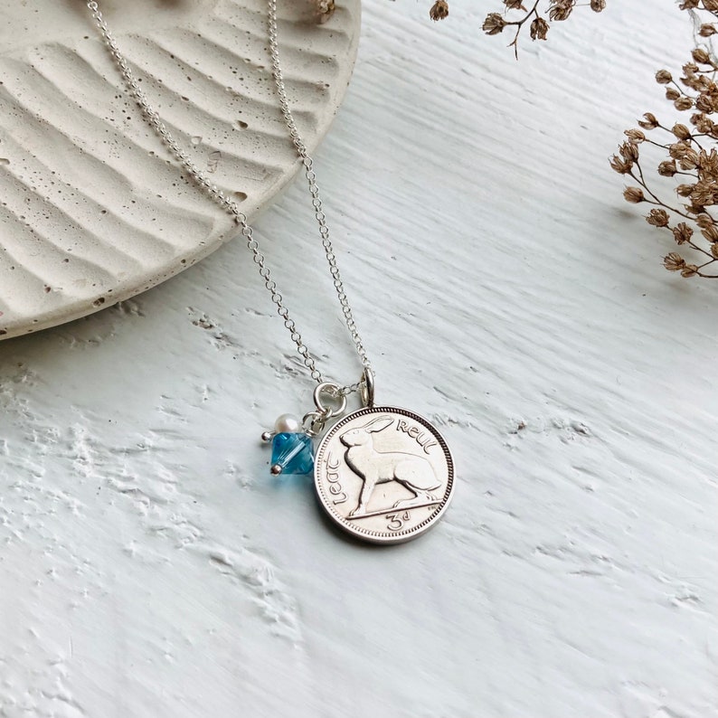 60th Gift for Women - 1964 Silver Irish Coin Necklace with sterling silver chain and March birthstone