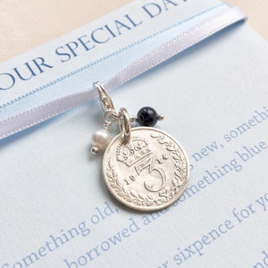 Bridal bouquet charm Something old new borrowed & blue Also Silver Sixpence 