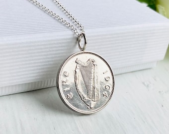 60th Birthday Irish Coin Necklace, 1964 Eire Sixpence Gift for Women, Celtic Family Gift