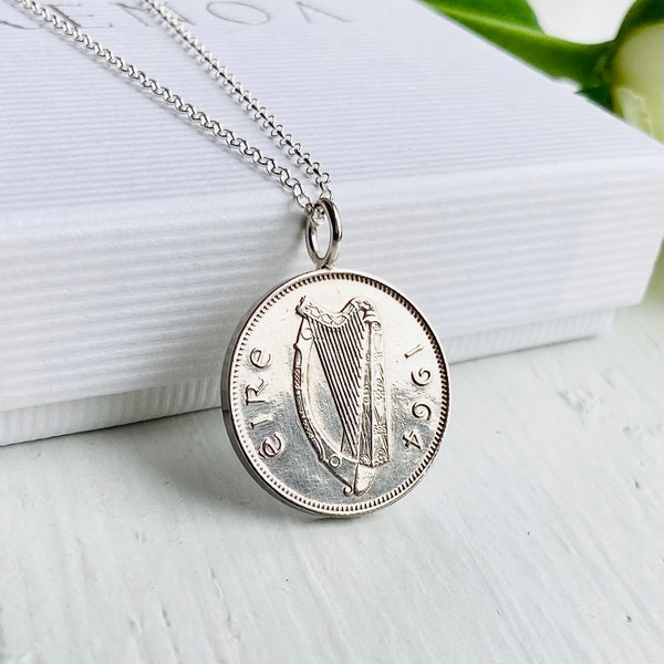 60th Birthday Irish Coin Necklace, 1964 Eire Sixpence Gift for Women, Celtic Family Gift