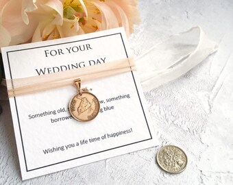 Something Old Lucky Coin, Bouquet or Garter Charm for Wedding, Rose Gold Farthing Bouquet Charm for Bride - Silver Sixpence for Her Shoe