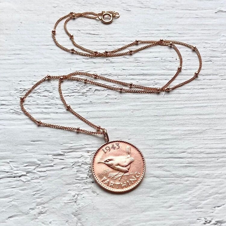 80th Birthday Farthing Necklace, 1945 Bronze Wren Coin and Rose Gold Filled Saturn Chain Necklace- Gift Box