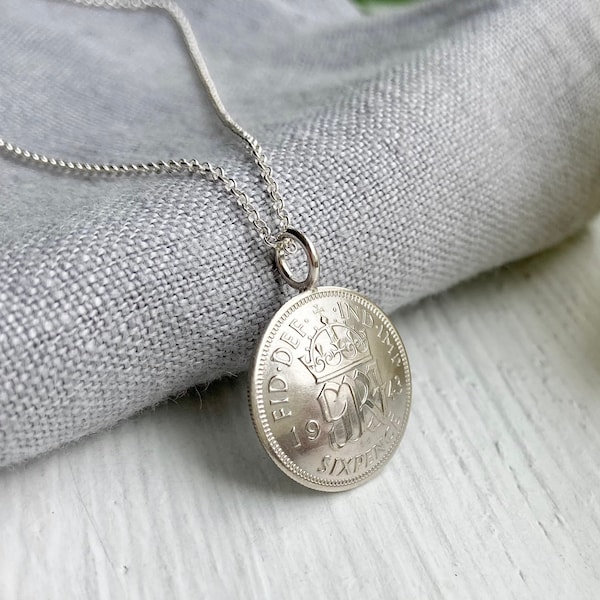 80th British Sixpence Domed Pendant, 1944 Coin, Sterling Silver Chain Gift for Her- Free Gift Box