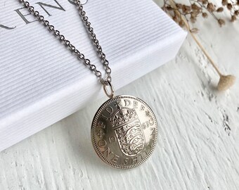 60th Birthday 3 Lions English Coin Necklace, 1963 Domed Pendant with Sterling Silver, Queen Elizabeth