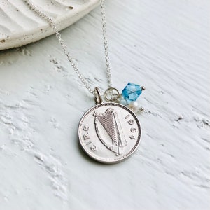 60th Gift for Women - 1964 Silver Irish Coin Necklace with sterling silver chain and March birthstone