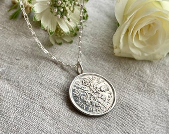 1954 British Sixpence Coin Necklace, 70th Birthday Silver Necklace