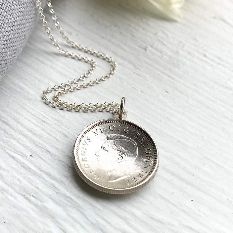 80th British Sixpence Domed Pendant, 1944 Coin, Sterling Silver Chain Gift for Her Free Gift Box image 4