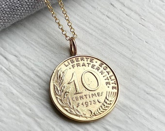 50th Birthday Gift, French Gold Coin Necklace, 1973, 50th Birthday or Wedding Anniversary Gift Ideas for Women
