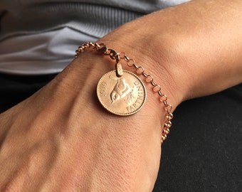Jenny Wren Farthing Bracelet - Birthday Gift for Women - Rose Gold Bracelet - British Farthing Coin Jewellery, Anniversary Gift