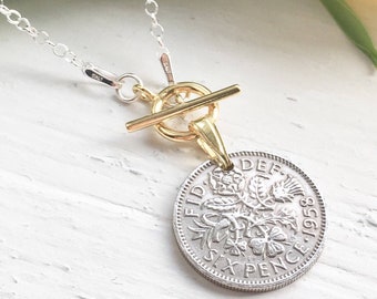 Sixpence Necklace, Dainty Silver and Gold Toggle Necklace for Mum, Sister, Colleague or Friend