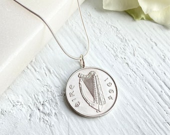 Irish sixpence necklace 1964, Celtic Family History, Wolfhound coin necklace
