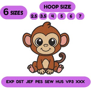 Pode incluir: Um macaco de desenho animado marrom com olhos grandes e um sorriso. A imagem inclui texto indicando "6 TAMANHOS" e "TAMANHO DO BASTIDOR" com vários números de tamanho. A parte inferior da imagem lista os formatos de arquivo de bordado: EXP, DST, JEF, PES, SEW, HUS, VP3 e XXX.