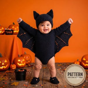 Può includere: Un costume da pipistrello all'uncinetto nero composto da un body a maniche lunghe con maniche ad ala, un cappellino abbinato con orecchie a punta e scarpine. Un badge circolare in basso a destra riporta PATTERN CROCHET DESIGN | INSTANT DOWNLOAD.
